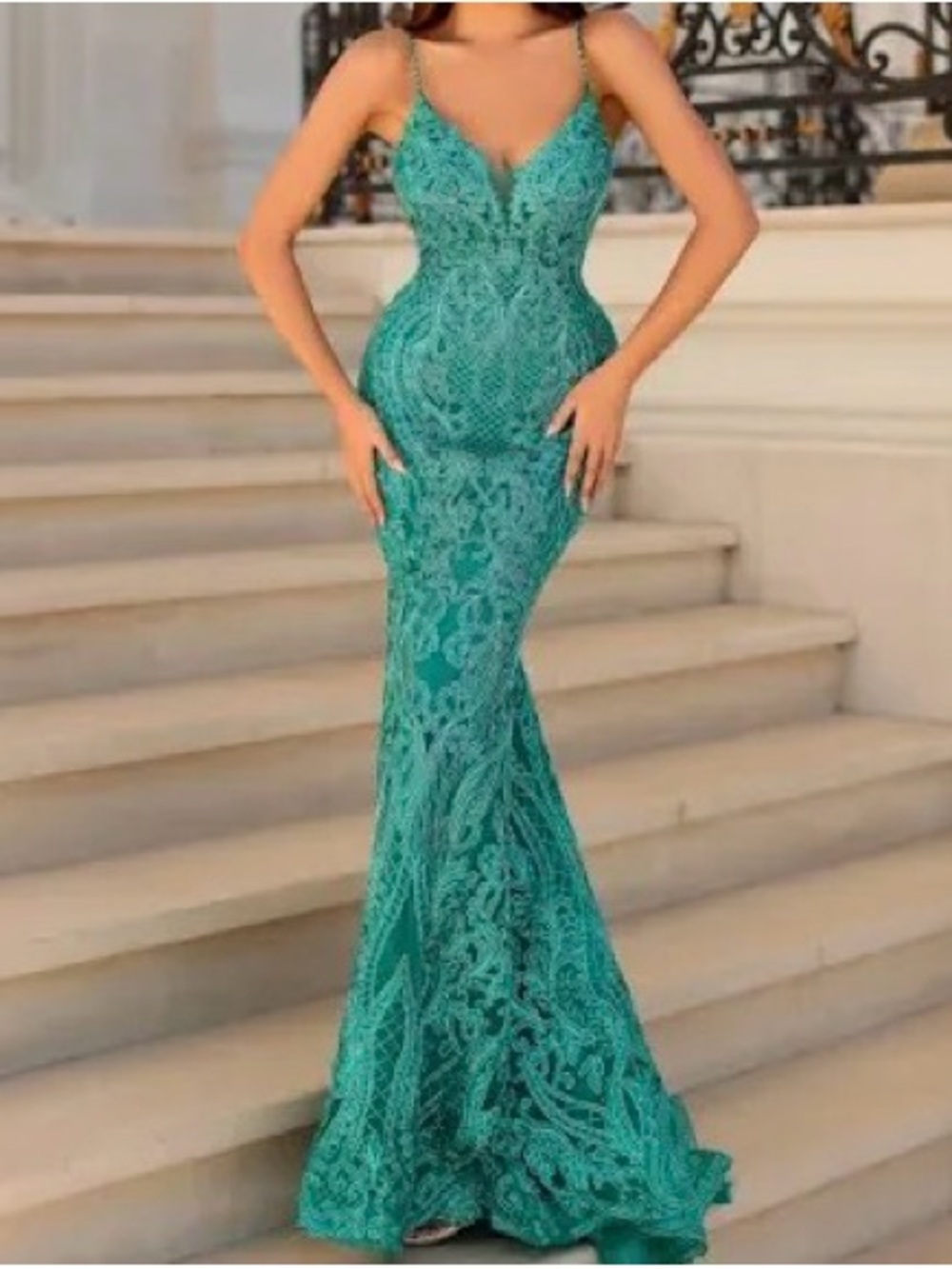 Clarisse Teal Lace Mermaid Prom Dress with Spaghetti Straps